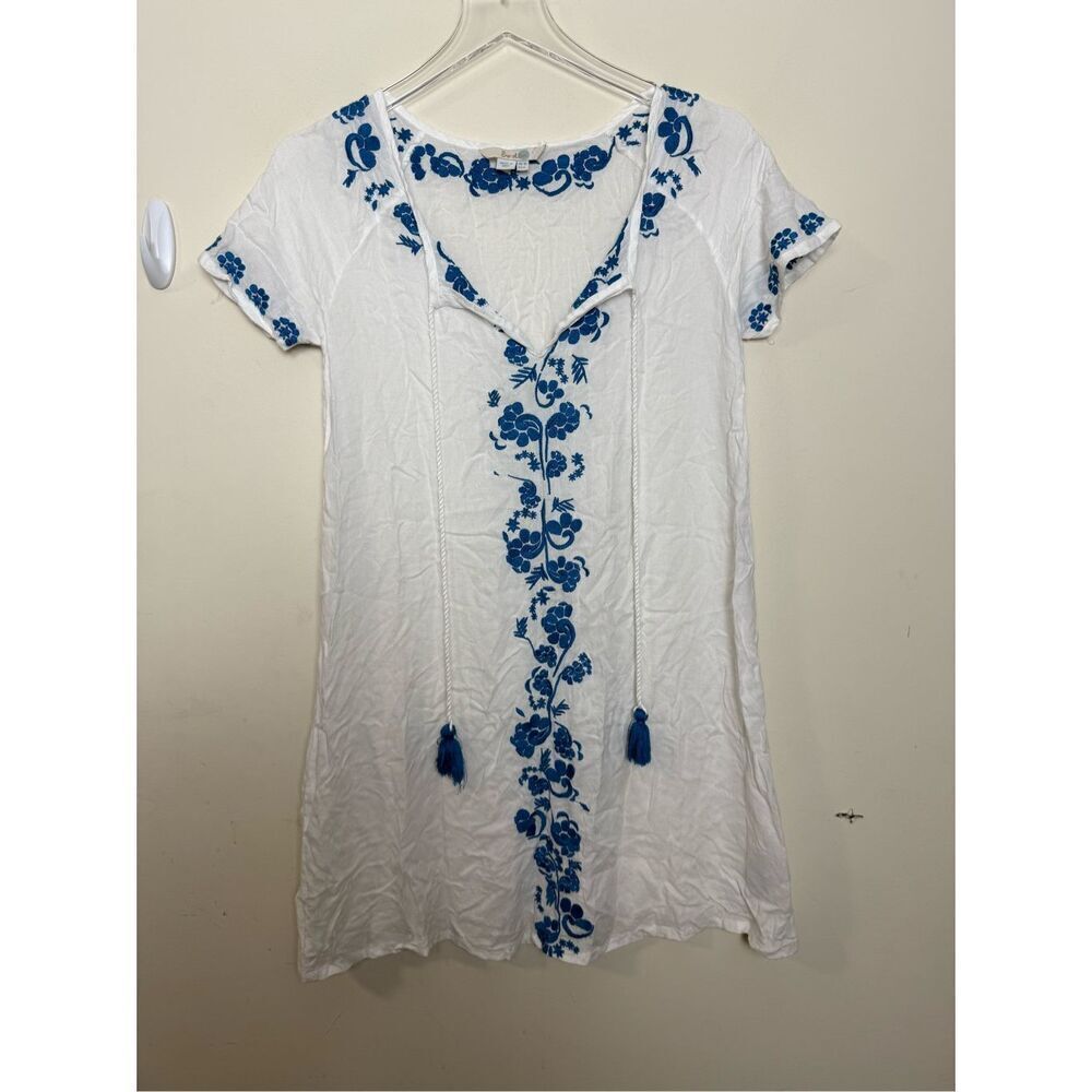Boden Swim Cover Up Dress Embroidered Blue & White Viscose V Neck Tassel Women 6